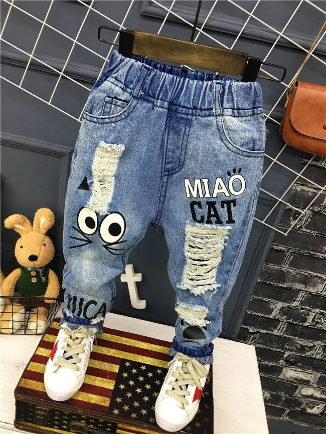 Baby Boys Girls Jeans Pants New 2019 Children Trousers 1-7Yrs Boys Girls Jeans Boys Casual Pants Cartoon Cat Jeans For Kids