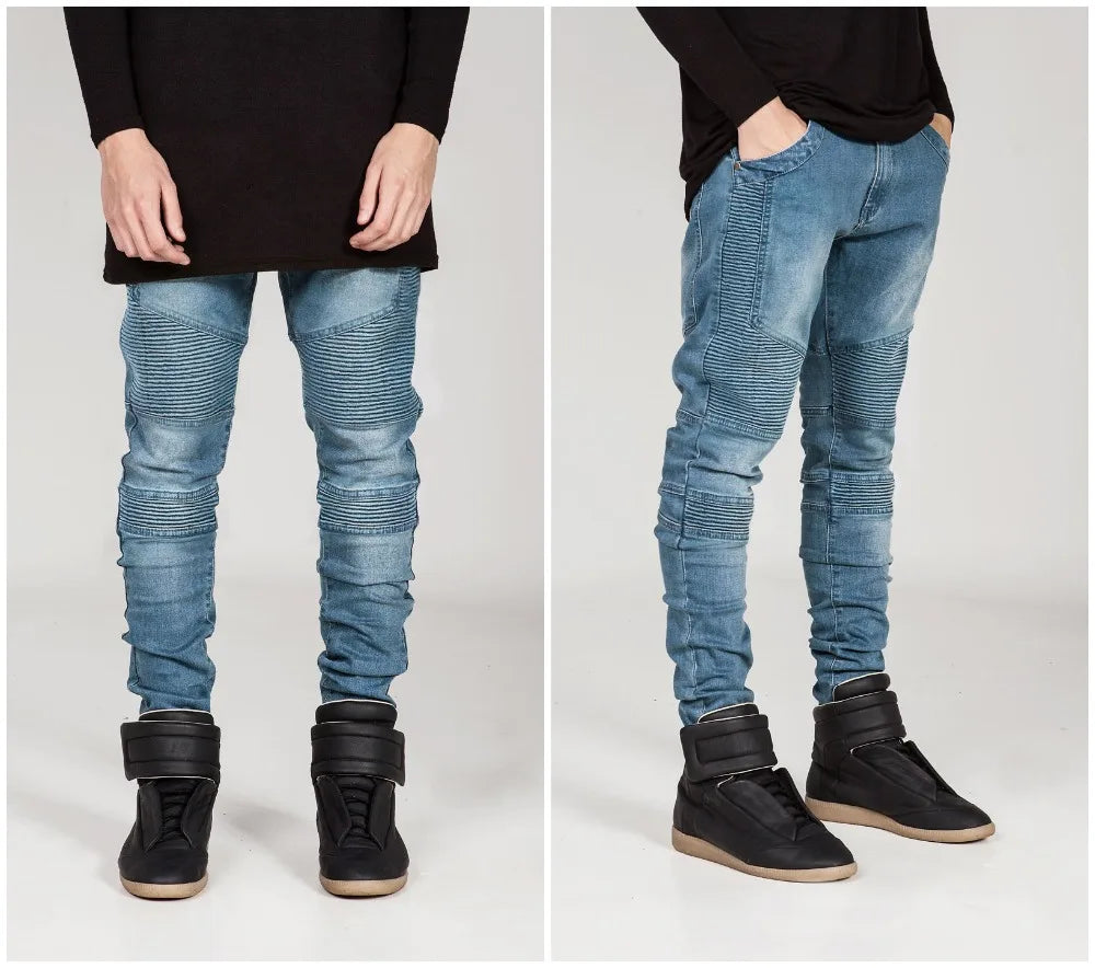Streetwear Mens Ripped Biker Jeans homme Men's fashion Motorcycle Slim Fit Black White Blue Moto Denim Pants Joggers Skinny Men