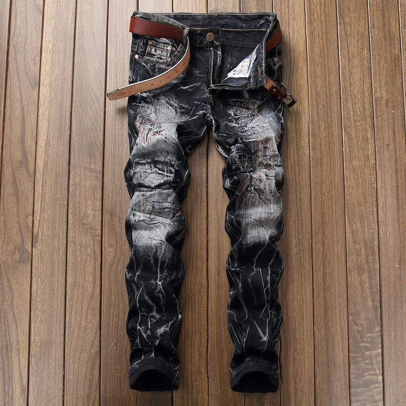 classic casual men's jeans Men Retro Hole Ripped Jeans Straight Slim Fit Cargo denim Trousers Fashion Biker Jeans Male 2 color