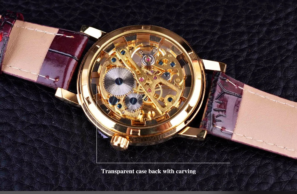 Winner Royal Carving Skeleton Brown Leather Strap Transparent Thin Case Skeleton Design Watch Watches Men Luxury Brand Clock Men