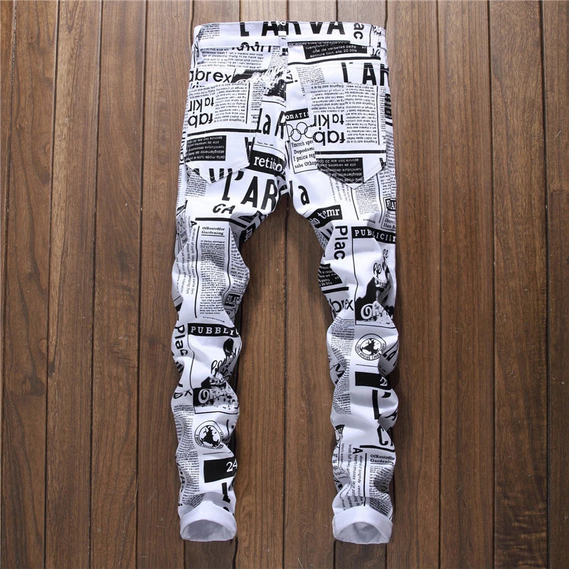 Sokotoo Men's fashion white paper printed jeans Slim fit black painted stretch denim pans