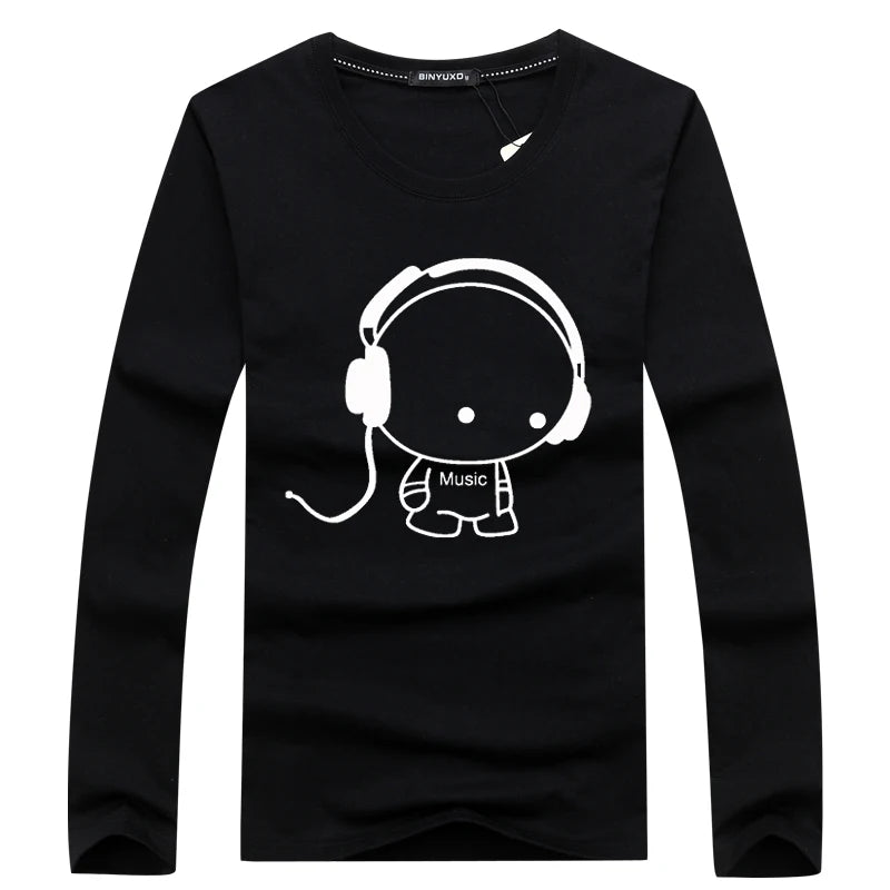 Brand Hot Sale Fashion Men Long Sleeve T-Shirt Casual Rock Headset Earphone Dogs Music Printing Tops Cool O-neck tees