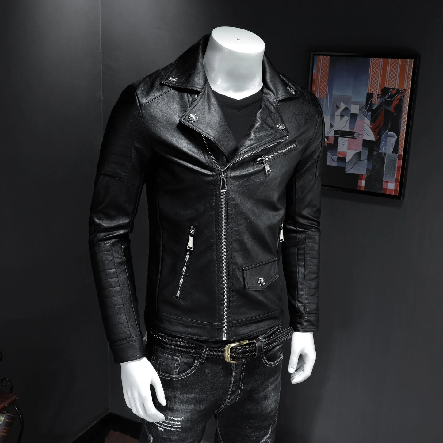 2022 new men's motorcycle leather jacket, boomer men slim lapels leather jacket skull punk style high quality