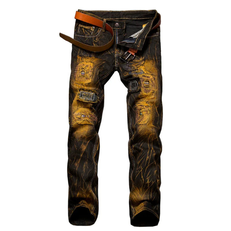 classic casual men's jeans Men Retro Hole Ripped Jeans Straight Slim Fit Cargo denim Trousers Fashion Biker Jeans Male 2 color