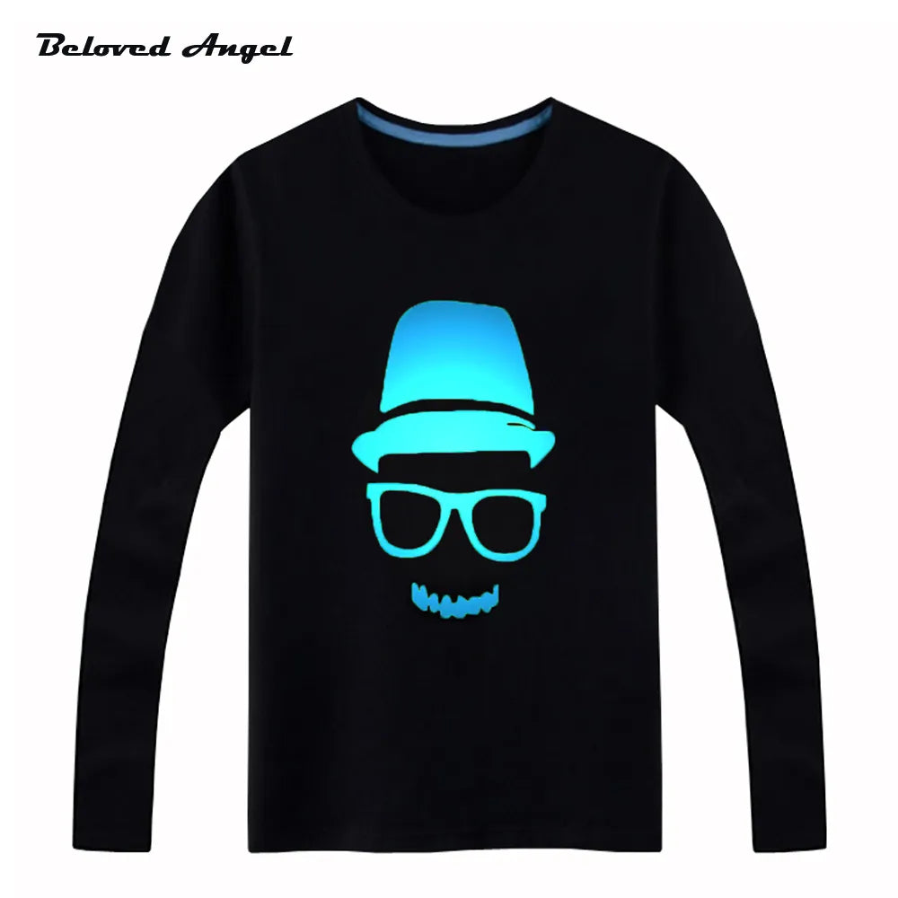 100cm-160cm Children boys girls luminous t shirt kids Long sleeves tops Hip Hop Neon Print Party Club Night light blu-ray
