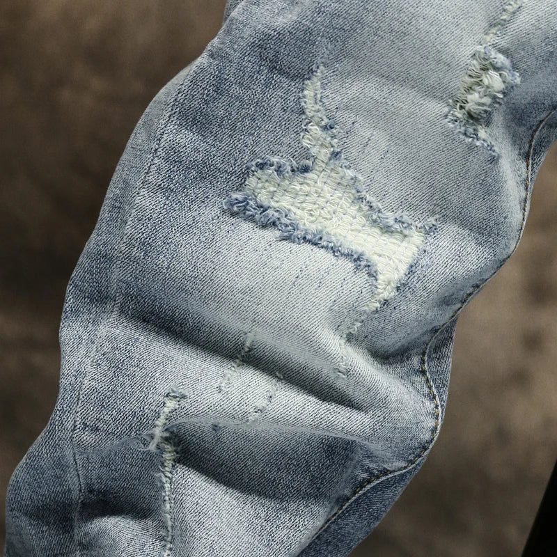 Ripped Jeans Men Skinny Light Blue High Street Style Male Jeans Elasticity Slim Fit Frayed Casual Men Pants Trousers Biker Jeans