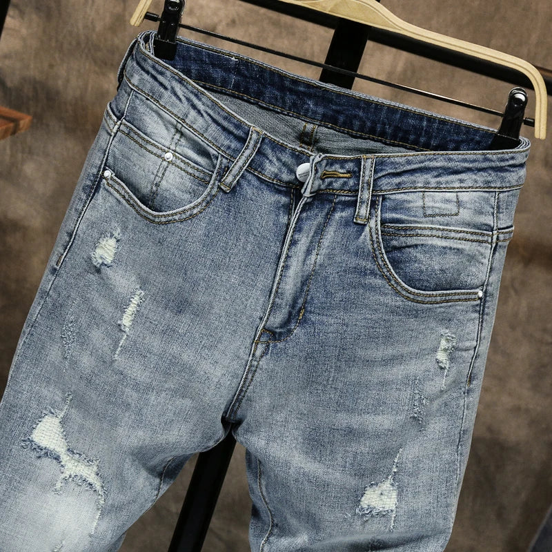 Ripped Jeans Men Skinny Light Blue High Street Style Male Jeans Elasticity Slim Fit Frayed Casual Men Pants Trousers Biker Jeans