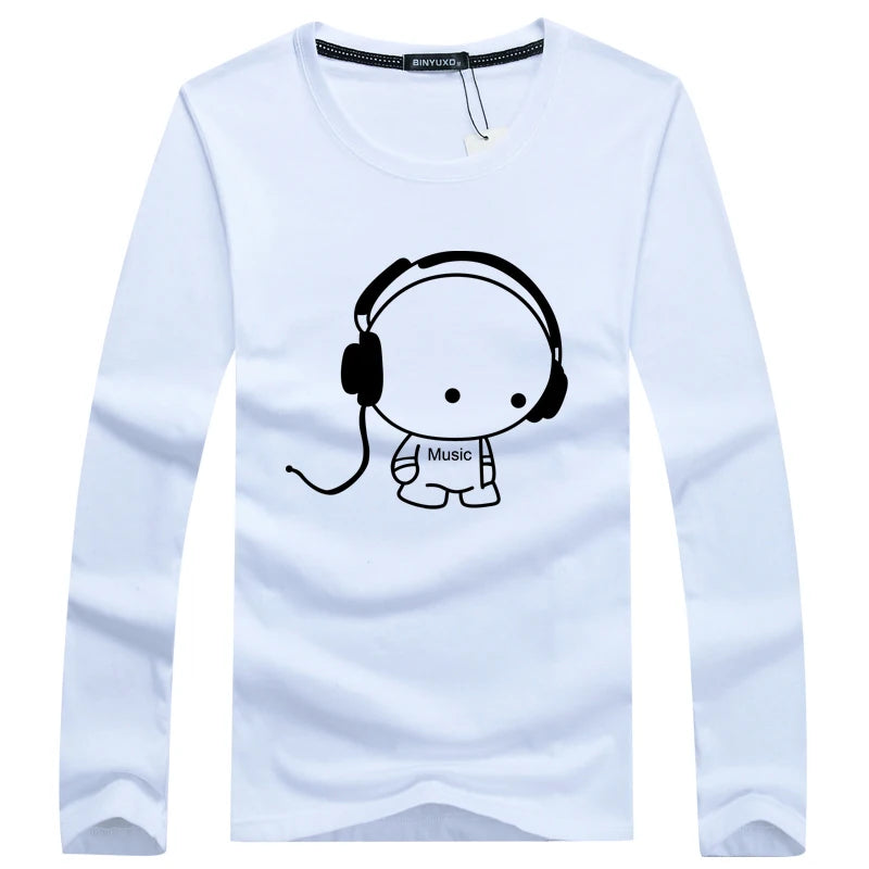 Brand Hot Sale Fashion Men Long Sleeve T-Shirt Casual Rock Headset Earphone Dogs Music Printing Tops Cool O-neck tees