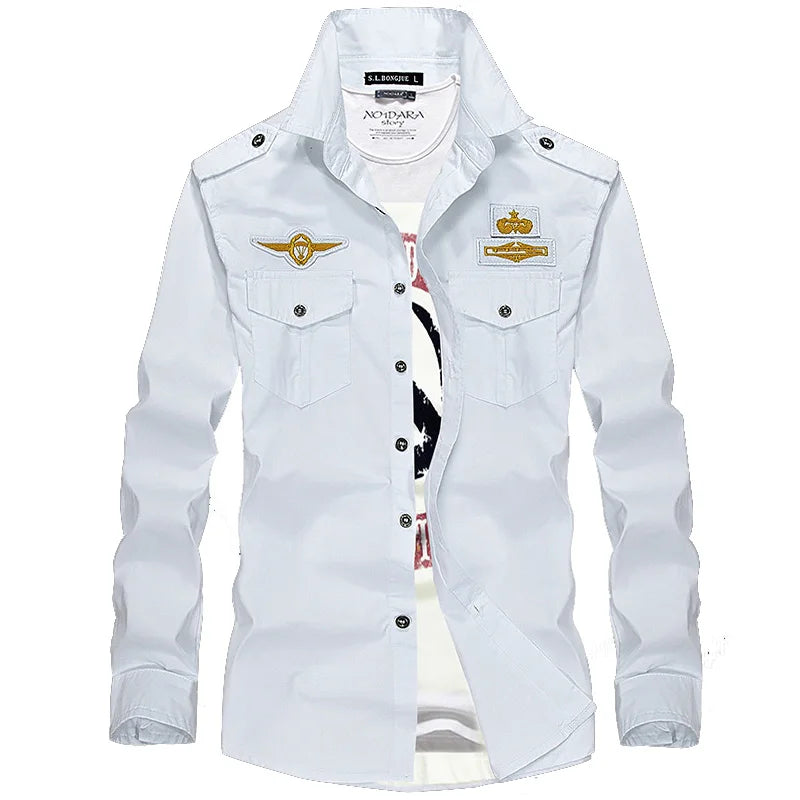 2023 New Double Pockets Men Dress Military Shirts Cotton Male Clothes Casual Slim Fit Shirts Men Camisa Masculina AYG82