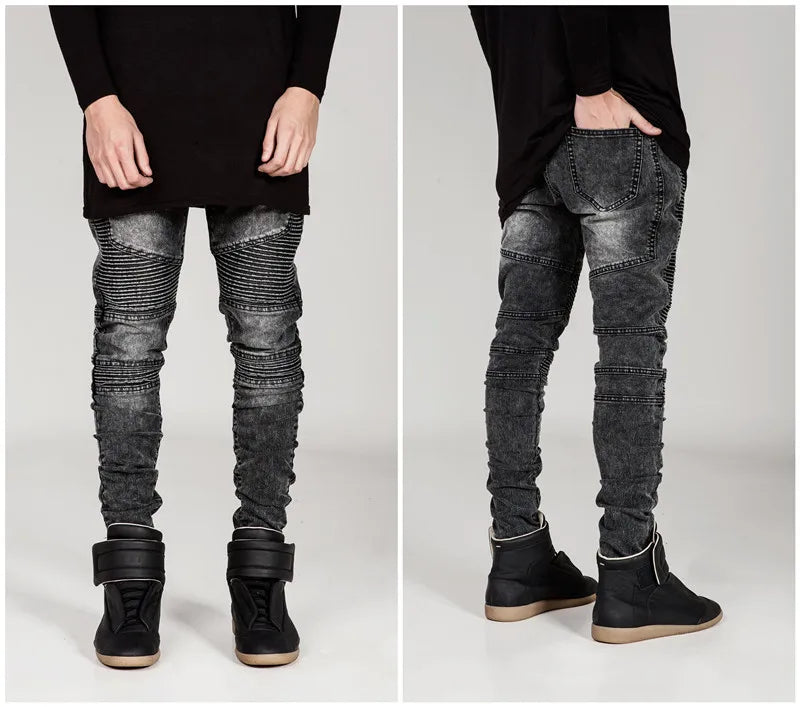 Streetwear Mens Ripped Biker Jeans homme Men's fashion Motorcycle Slim Fit Black White Blue Moto Denim Pants Joggers Skinny Men