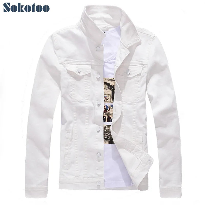 Sokotoo Men's slim full sleeve all match denim jean jacket Casual black white fancy colored coat Outerwear