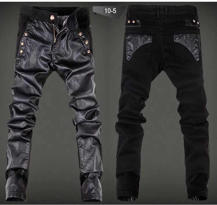 2022 fashion skinny skull Spliced leather pants men casual slim fit washing Locomotive leather pants men feet pants,28-36