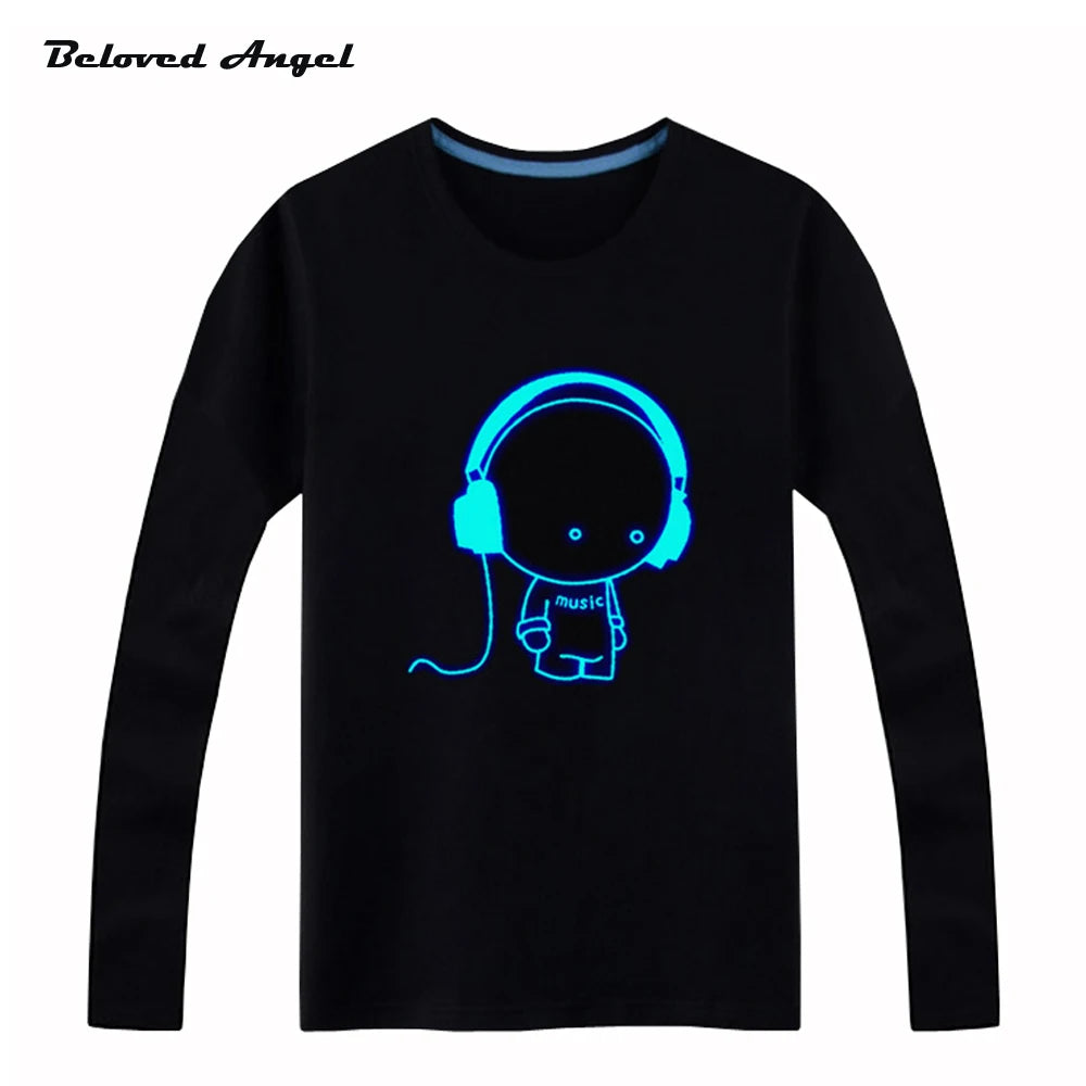 100cm-160cm Children boys girls luminous t shirt kids Long sleeves tops Hip Hop Neon Print Party Club Night light blu-ray