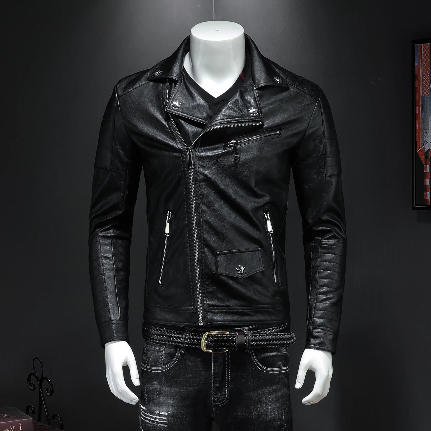 2022 new men's motorcycle leather jacket, boomer men slim lapels leather jacket skull punk style high quality