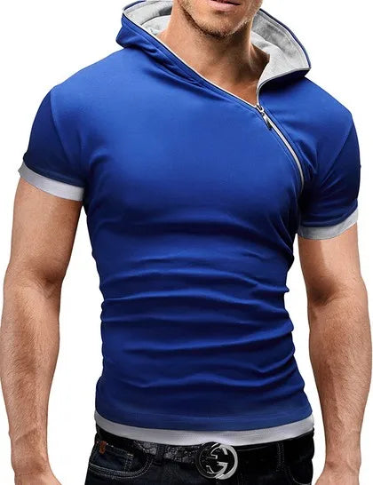 2023 New Men's Zipper Shirt Tops Tees Summer Cotton V Neck Short Sleeve T Shirt Men Fashion Hooded Slim T Shirts