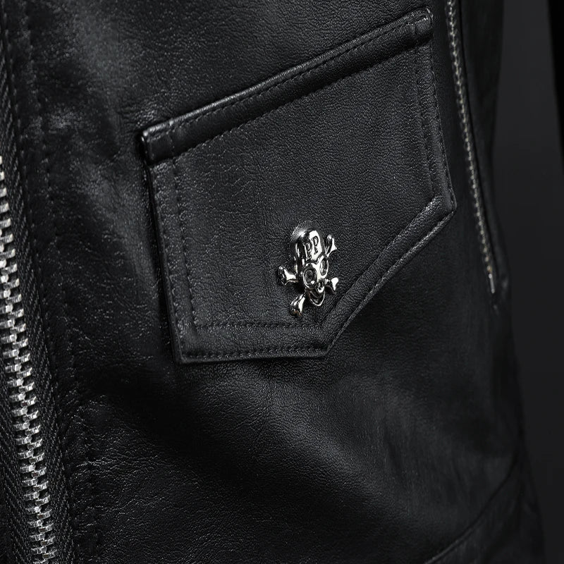 2022 new men's motorcycle leather jacket, boomer men slim lapels leather jacket skull punk style high quality