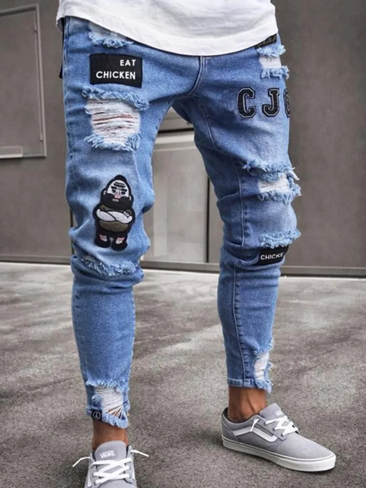 Spring Autumn Biker Casual Ripped Jeans Skinny Stretch Jeans Men Blue Hip Hop Slim Harem Homme Brand Denim Hole Pencil Pants