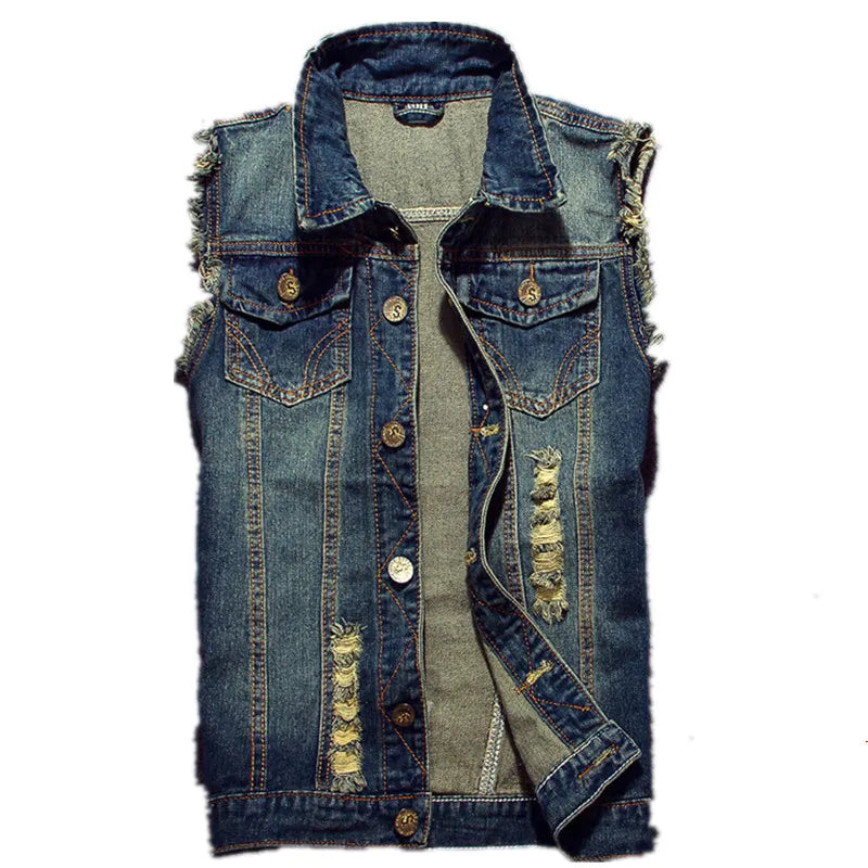 2023 Ripped Jean Jacket Men's Denim Vest Hip Hop Jean Coats Waistcoat Men Cowboy Brand Sleeveless Jacket Male Tank Plus Size 6XL