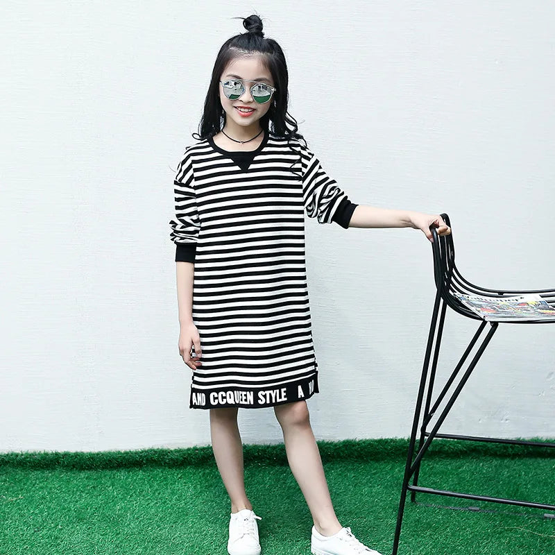 Children's Dress Girls Spring and Autumn Striped Letter Long Casual Blouse Shirt Middle School Student Clothes 4 8 10 12 Ages
