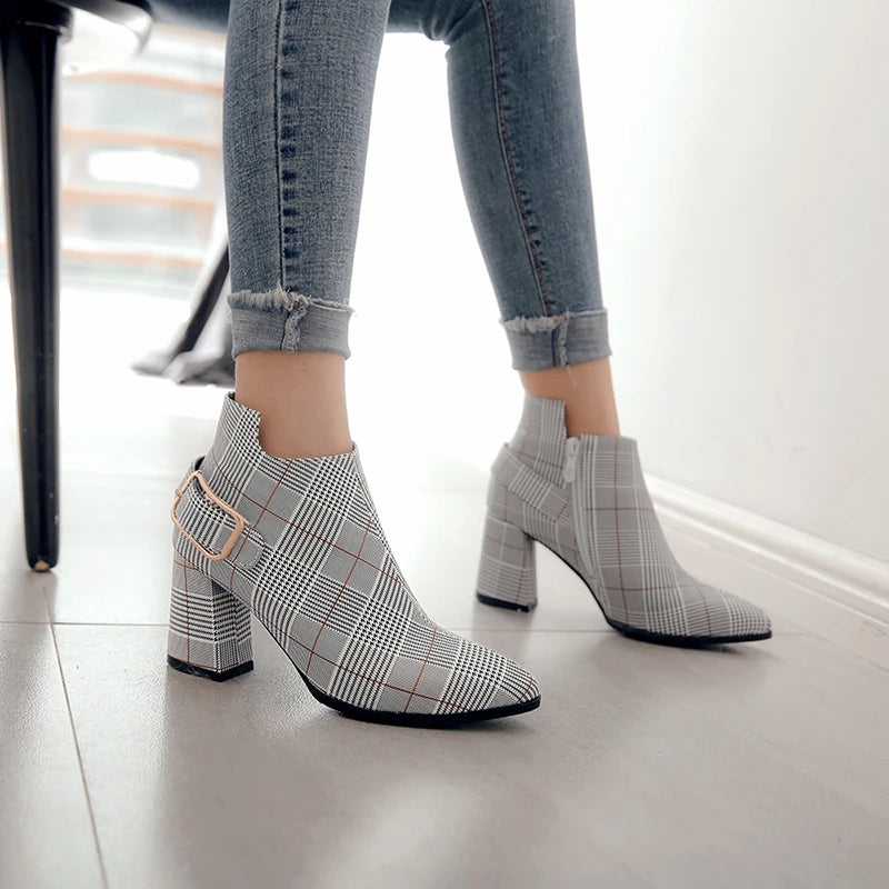 2021 Large Size Women Boots Fashion Plaid Pointed Toe High Heels Women's Shoes Sexy Autumn Winter Ankle Boots female