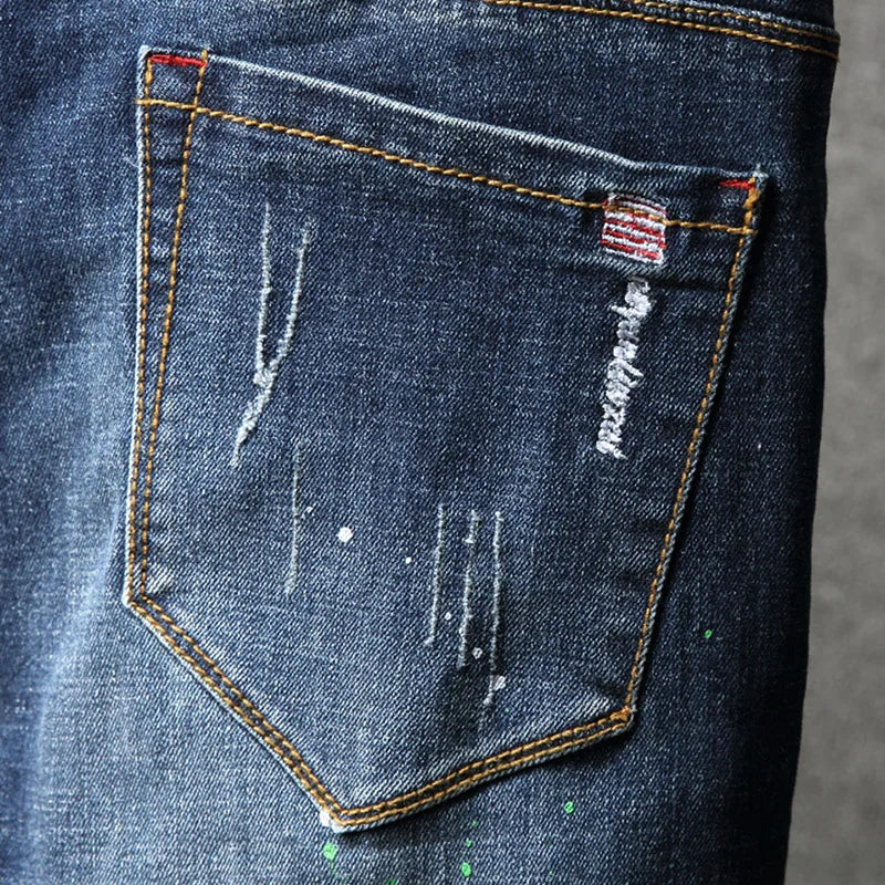 2023 Men Hip Hop Ripped distressed Stretch Slim Fit Jeans Trousers streetwear man holes Ink printed Casual beggar Denim pants