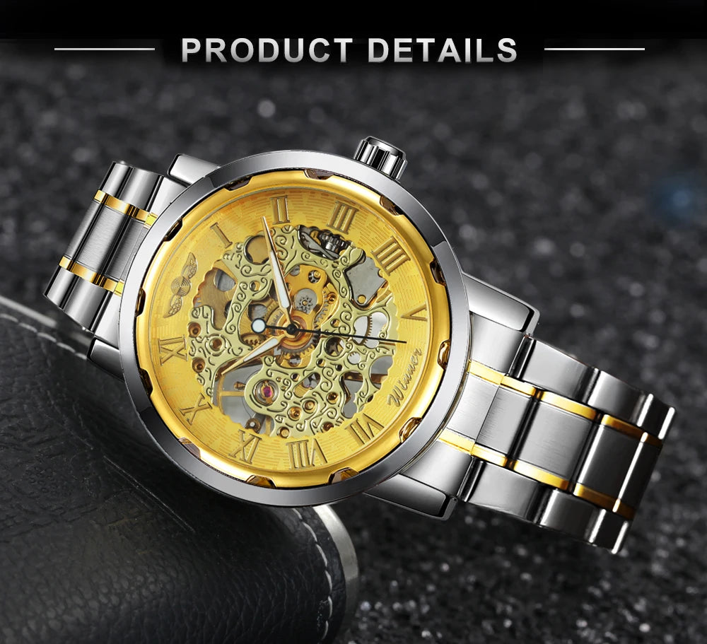 WINNER Gold Skeleton Watch for Men Mechanical Wristwatches Stainless Steel Strap Mens Watches Top Brand Luxury Male Clock 2023