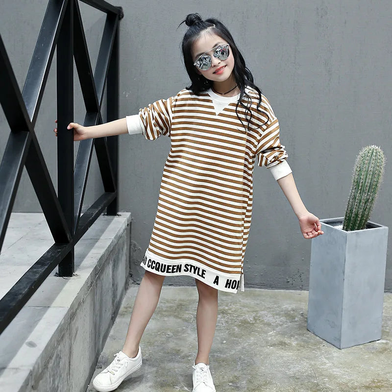 Children's Dress Girls Spring and Autumn Striped Letter Long Casual Blouse Shirt Middle School Student Clothes 4 8 10 12 Ages