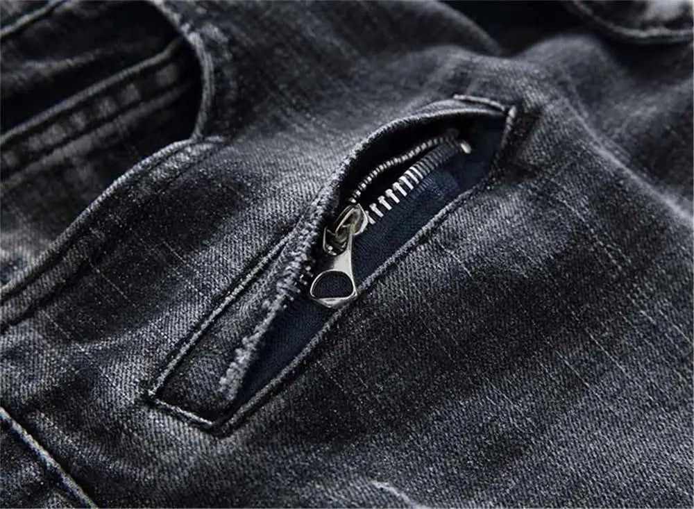 2021 Fashion Hip Hop Patch Men Retro Jeans Knee Rap Hole Zipped Biker Jeans Men Loose Slim Destroyed Torn Ripped Denim Man Jeans
