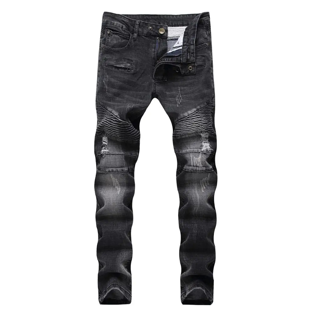 2021 Fashion Hip Hop Patch Men Retro Jeans Knee Rap Hole Zipped Biker Jeans Men Loose Slim Destroyed Torn Ripped Denim Man Jeans