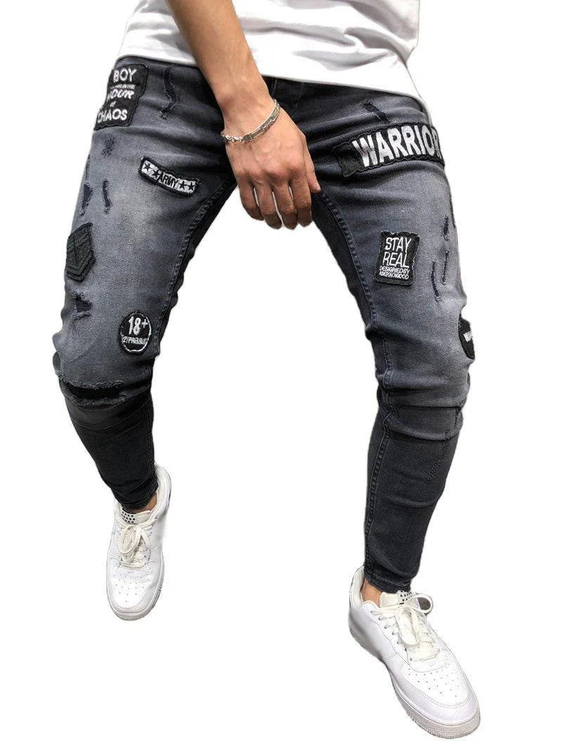Skinny Hole Ripped Denim Jeans for Men Hip Hop Slim Fit Streetwear Patchwork Badge Distressed Black Pencil Pants