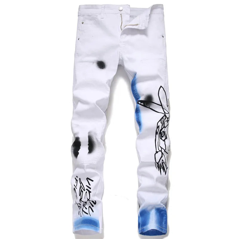 2021 Fashion New Men's Male Letters Flame Printed Jeans Slim Straight Skull Graffiti Colored Painted Stretch Pants