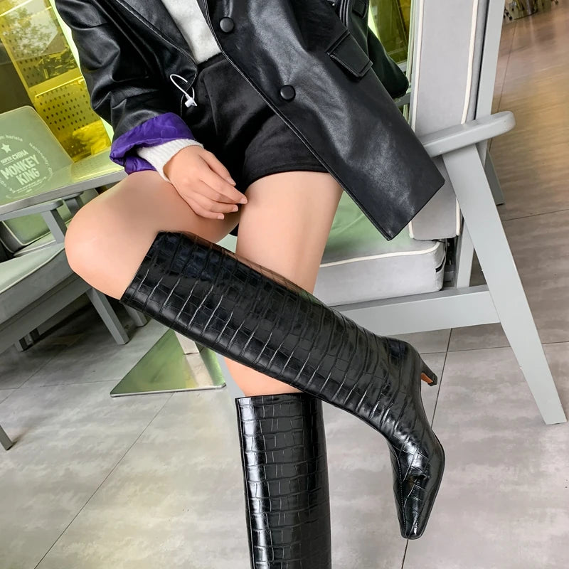 autuspin Fashion Knee-high Boots Women Classic Casual Women's Shoes Sexy Party Dancing Retro High Heels Female Chelsea Long Boot