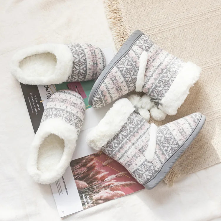 comemore Winter Home Cotton Warm Boots Soft Bottom Non-slip Female Furry Cloud Slipper Women's Home Slipper Flat Shoes for Women