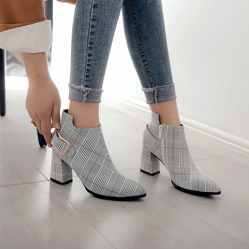 2021 Large Size Women Boots Fashion Plaid Pointed Toe High Heels Women's Shoes Sexy Autumn Winter Ankle Boots female