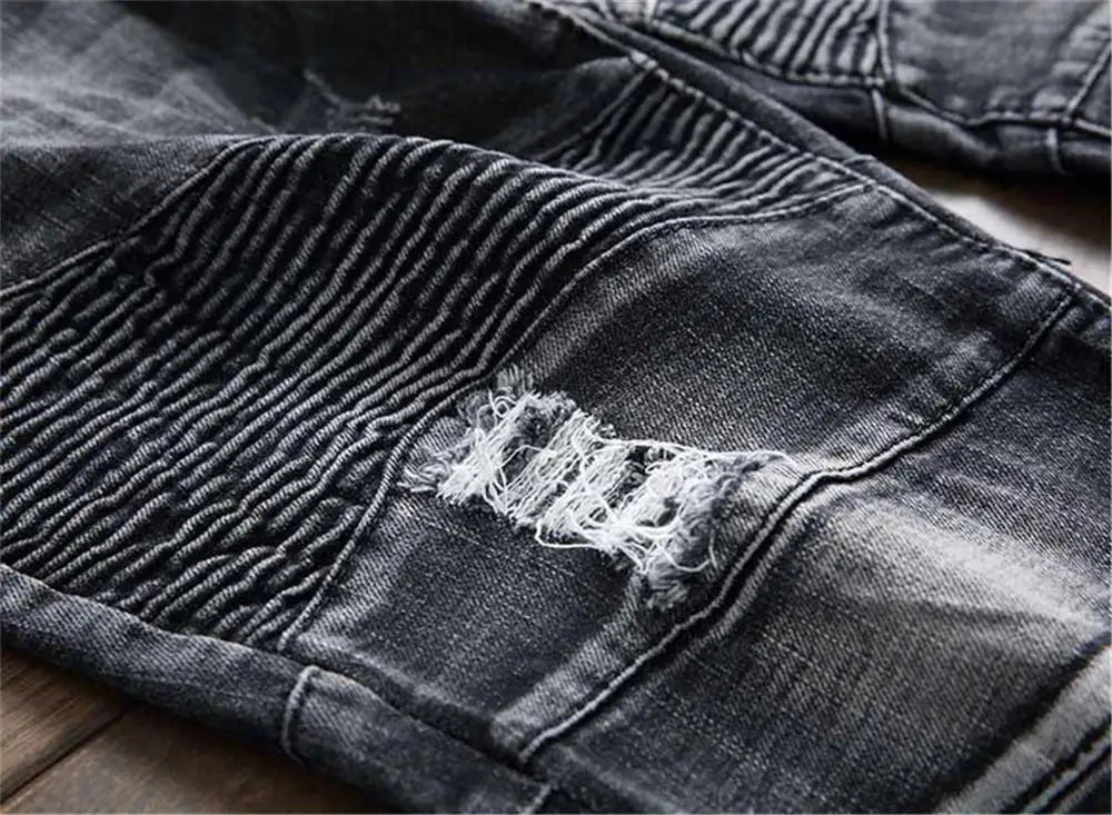 2021 Fashion Hip Hop Patch Men Retro Jeans Knee Rap Hole Zipped Biker Jeans Men Loose Slim Destroyed Torn Ripped Denim Man Jeans