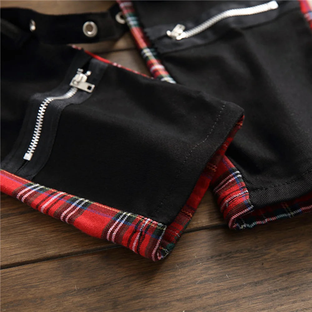 New Style South Korean Retro Personality Lacing Jeans Men's Zipper Plaid Small Foot Straight Pants Casual Fashion Trousers