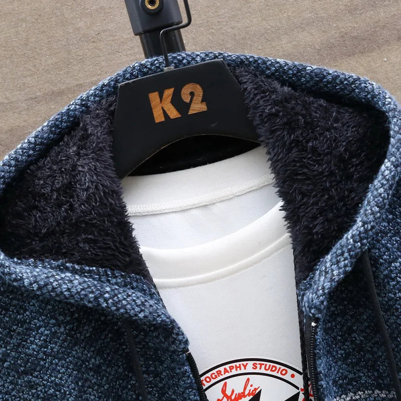 Cardigan Men Sweaters Coats Winter Fleece Knitted Sweater Jacket Mens Striped Sweater Coat Warm Zipper Wool Hooded Cardigan Men