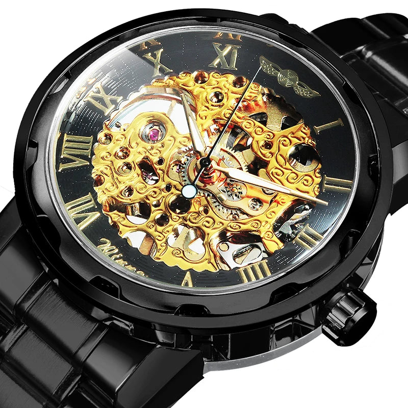 WINNER Gold Skeleton Watch for Men Mechanical Wristwatches Stainless Steel Strap Mens Watches Top Brand Luxury Male Clock 2023