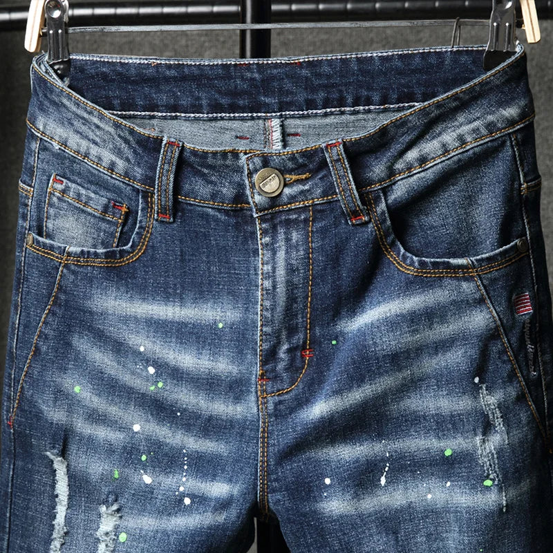2023 Men Hip Hop Ripped distressed Stretch Slim Fit Jeans Trousers streetwear man holes Ink printed Casual beggar Denim pants