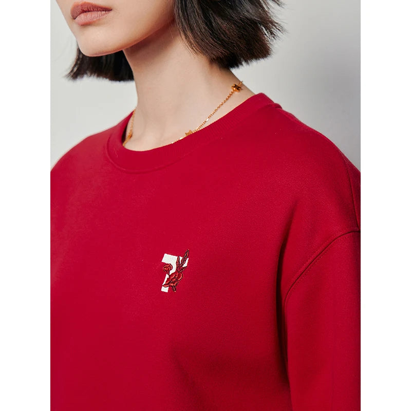Toyouth Women Fleece Sweatshirt 2024 Autumn Long Sleeve O Neck Loose Hoodies Exquisite Embroidery Casual Chic Red Clothes Tops