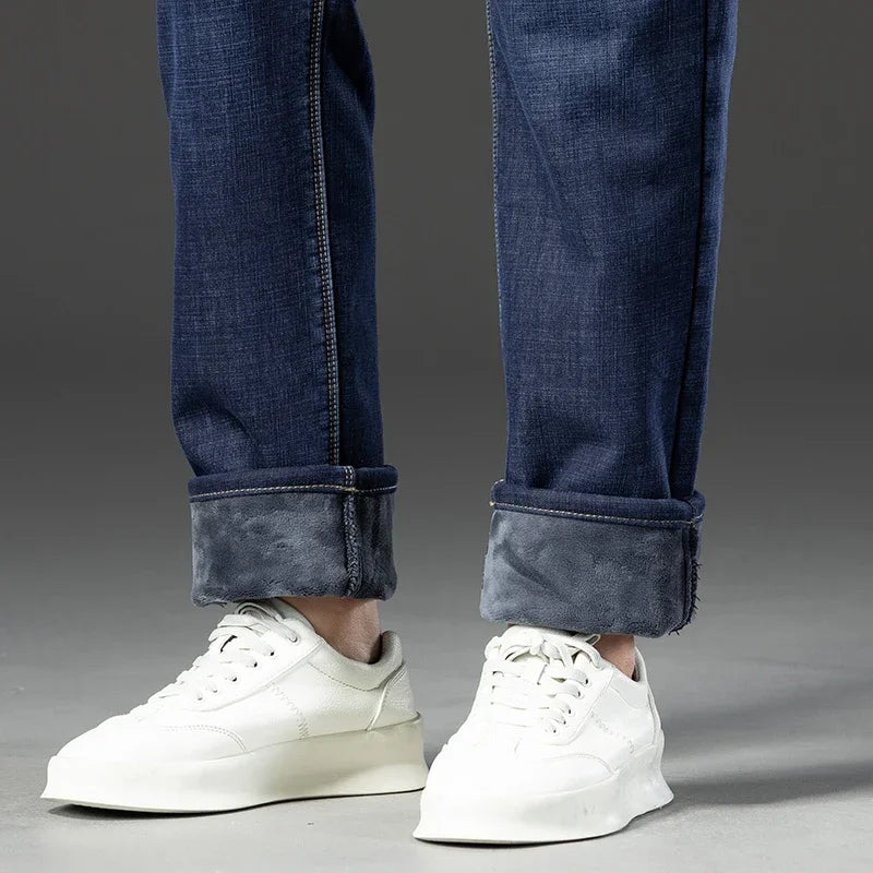 2024 New Winter Men's Warm Slim Jeans Thickened Stretch Fleece Straight Wool Jeans Black Blue Business Casual Fashion Trousers