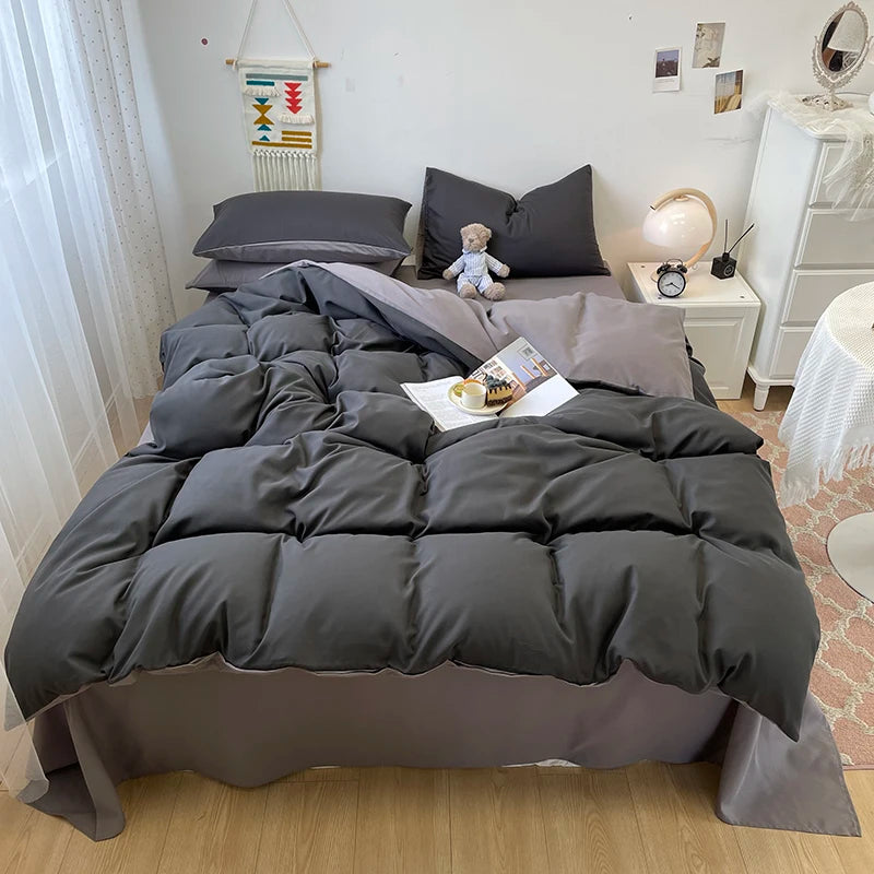 Black Bedding Set Soft Bed Linen Set Washed Cotton Duvet Cover Pillowcase and Bedsheet постельное бельё набор Home Bedclothes