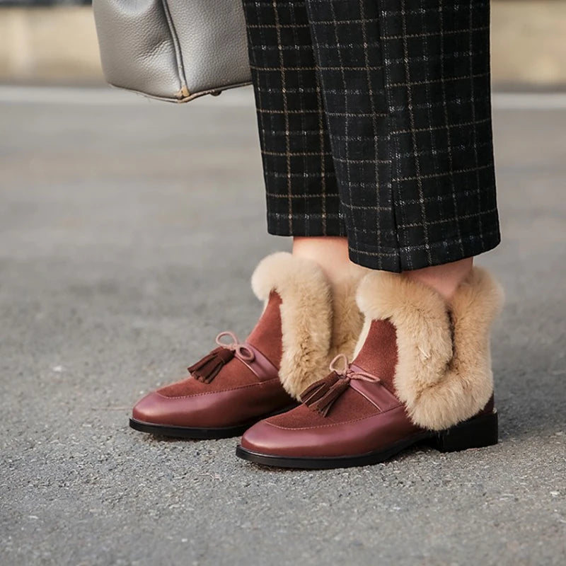 2020 winter women's ankle boots round toe low heel short plush warm women boots bowknot genuine leather women's shoes