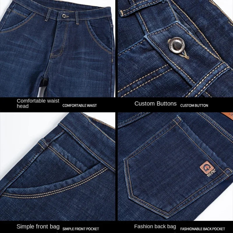 2024 New Winter Men's Warm Slim Jeans Thickened Stretch Fleece Straight Wool Jeans Black Blue Business Casual Fashion Trousers