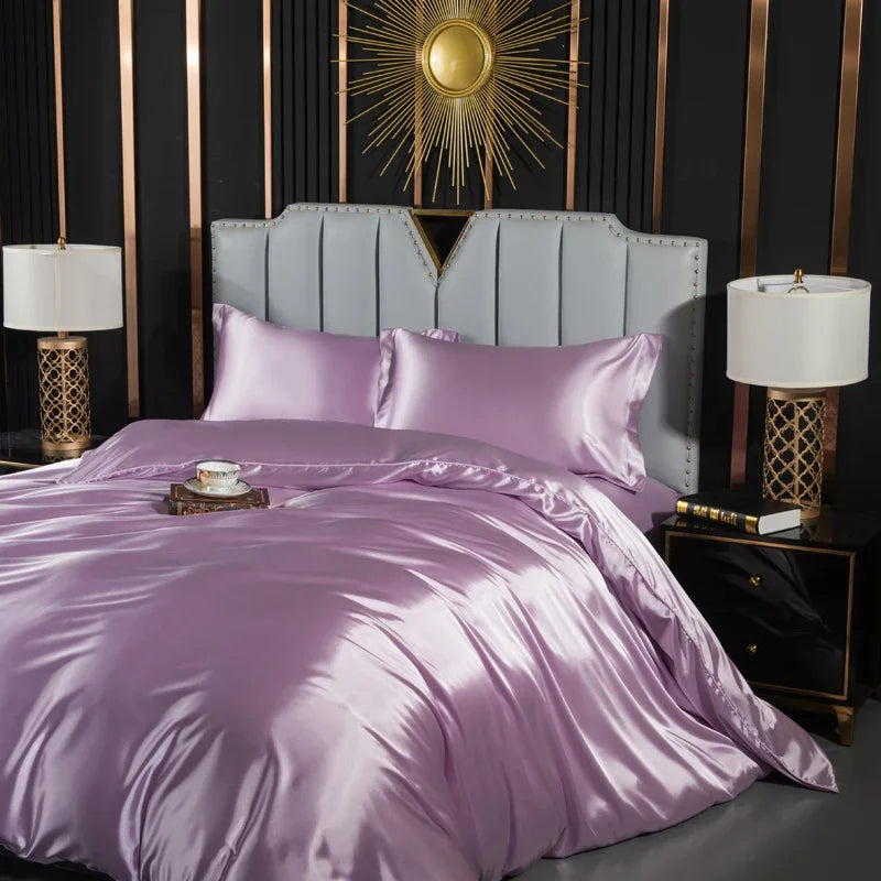 Solid Silk Bedding Set with Duvet Cover Fitted/Flat Bed Sheet Pillowcase Luxury Couple Bedsheet King Queen Double Twin Size