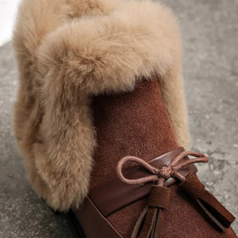 2020 winter women's ankle boots round toe low heel short plush warm women boots bowknot genuine leather women's shoes