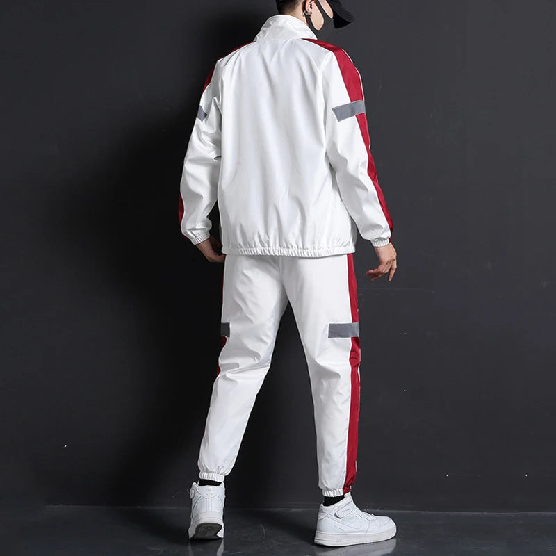 2023 Men Fashion Tracksuit Spring Autumn Reflective Sweatshirt +Sweatpants Tracksuit Set Men New Patchwork Slim Fit Sweat Suits
