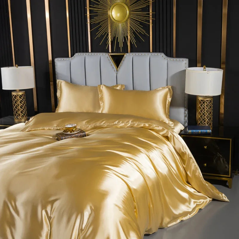Solid Silk Bedding Set with Duvet Cover Fitted/Flat Bed Sheet Pillowcase Luxury Couple Bedsheet King Queen Double Twin Size