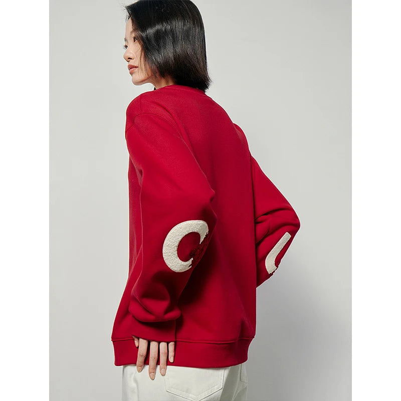 Toyouth Women Fleece Sweatshirt 2024 Autumn Long Sleeve O Neck Loose Hoodies Exquisite Embroidery Casual Chic Red Clothes Tops