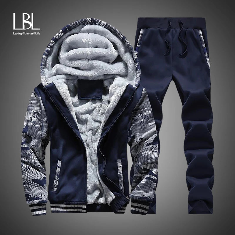 Winter Inner Fleece Hoodies Men 2023 Casual Hooded Warm Sweatshirts Male Thicken Tracksuit 2PC Jacket+Pant Men Moleton Masculino